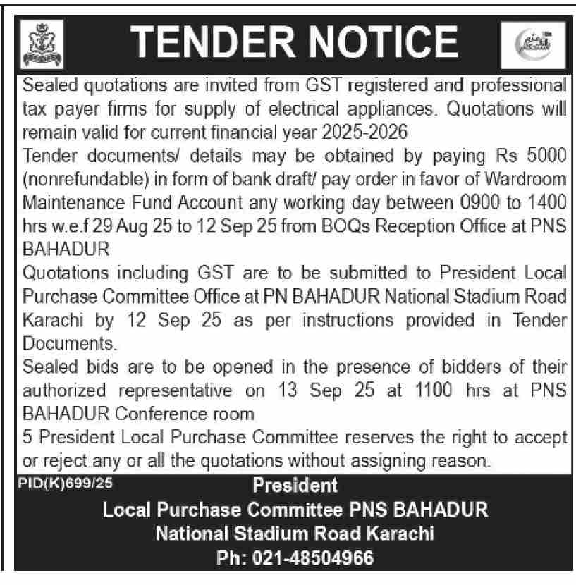Local Purchase Committee Karachi Tender Notice